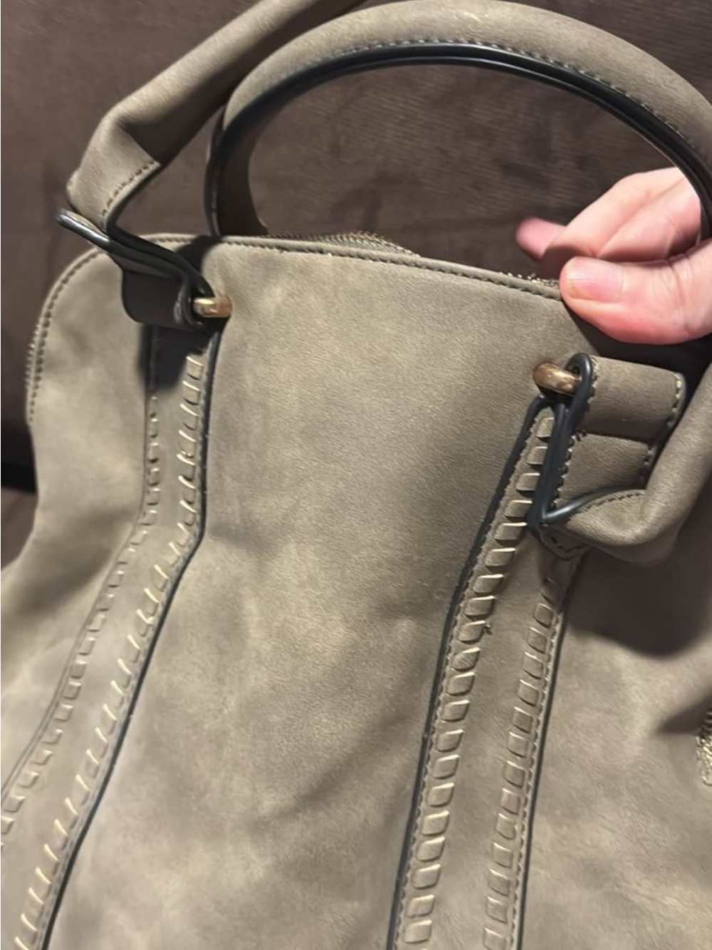 Suede Taupe Shoulder Bag with Stitched Trim